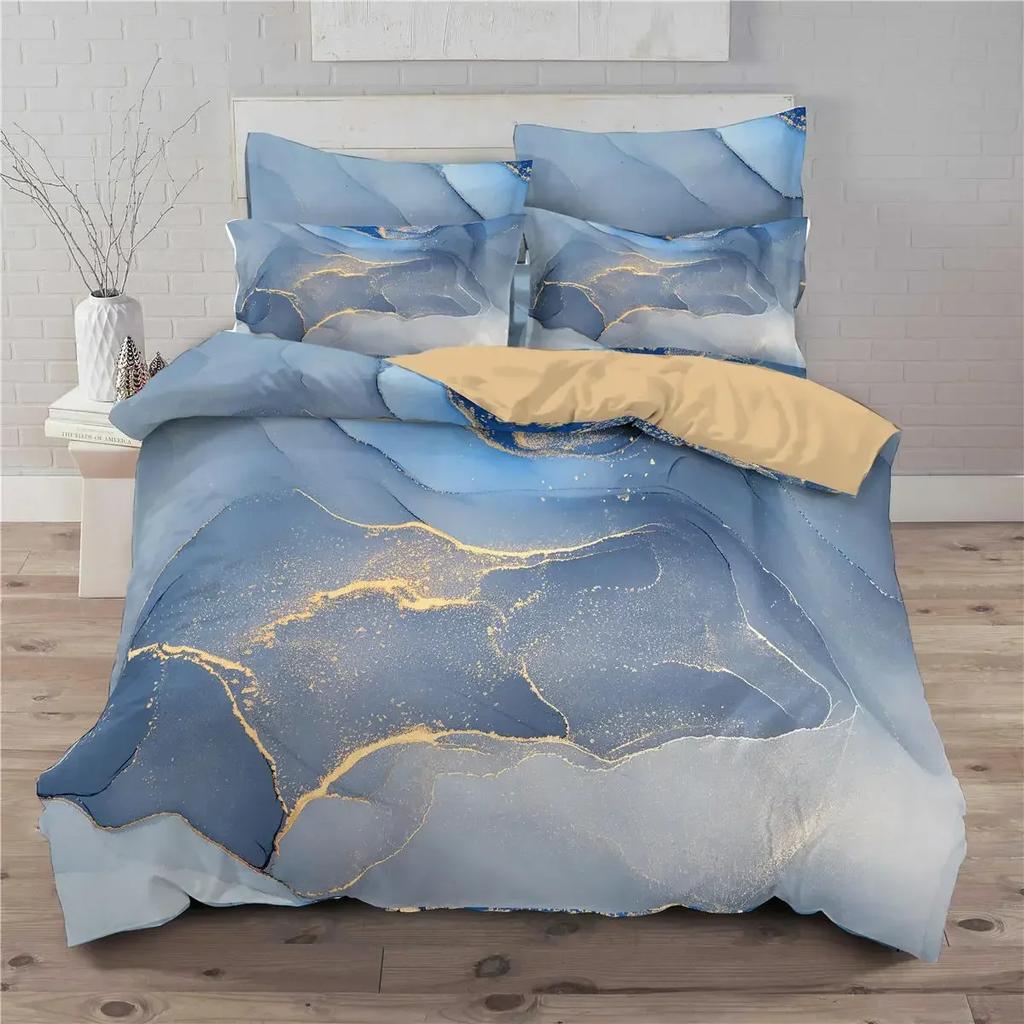 Chic Girly Marble Duvet Cover Abstract Geometric Bedding Set Microfiber Glitter Blue Comforter Cover King Queen For Kid Teen Boy