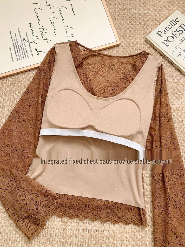 Lace Sexy V-neck Women's Long Sleeve T-shirt with Chest Pads