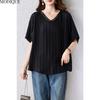 MODIQUE Spring Summer Plus Size New Women Loose Vintage Solid Black  Stripe Blouse Shirts Female Casual Oversize Short Sleeve V-Neck Top