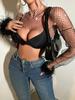 Rhinestone Sparkly Feather Cuff Women's Long Sleeve Super Short Top Cover-up