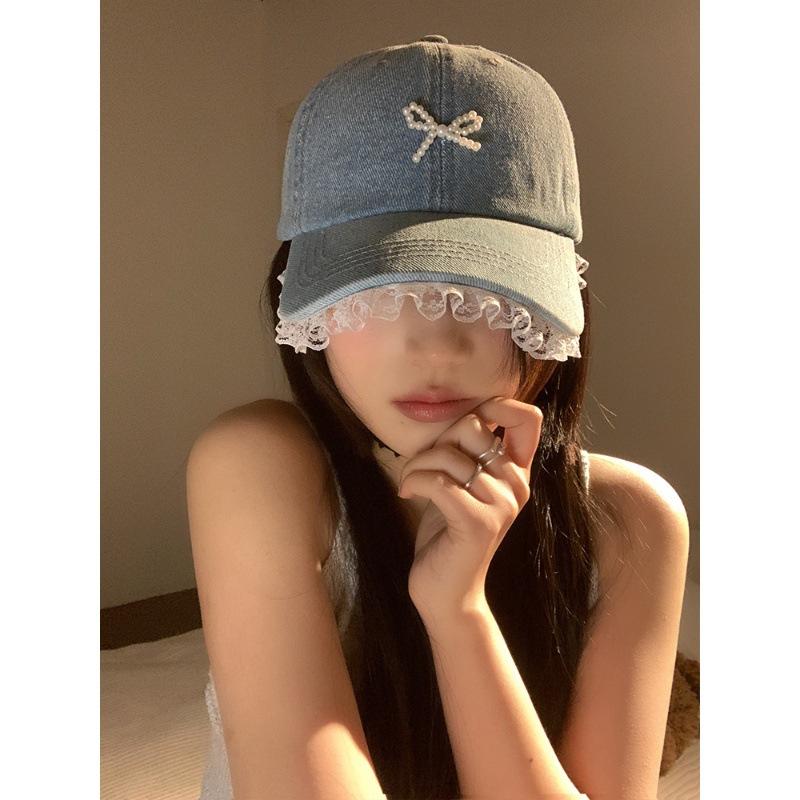 Lace lace denim baseball cap women's big head circumference showing face small cap three-dimensional pearl bow hat