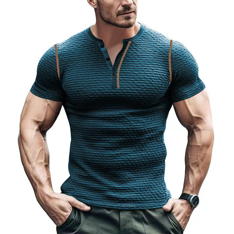 Summer Sports Fitness Slim Fit Breathable Men's Short Sleeve T-Shirt European and American Men's Muscle Henry Shirt Men's T-Shirt