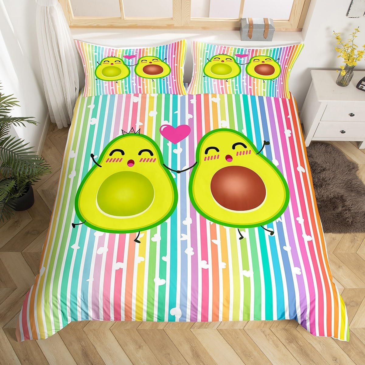 

Green Avocado Duvet Cover Twin Queen For Boys Girls Teen Kawaii Tropical Fruit Bedding Set Botanical Cartoon Comforter Cover EU Single(135x200cm)