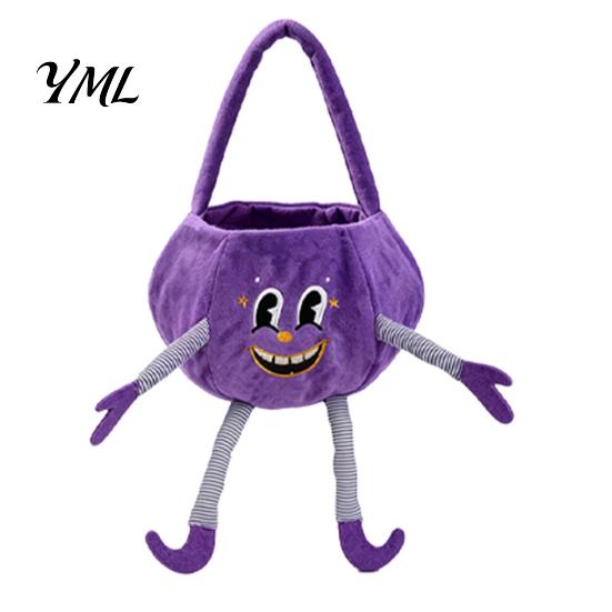 Kids Halloween Role Play Accessories Pumpkin Candy Basket with Handle, Soft Plush Trick or Treat Bag for Kids, Decorative Party Supply Holders