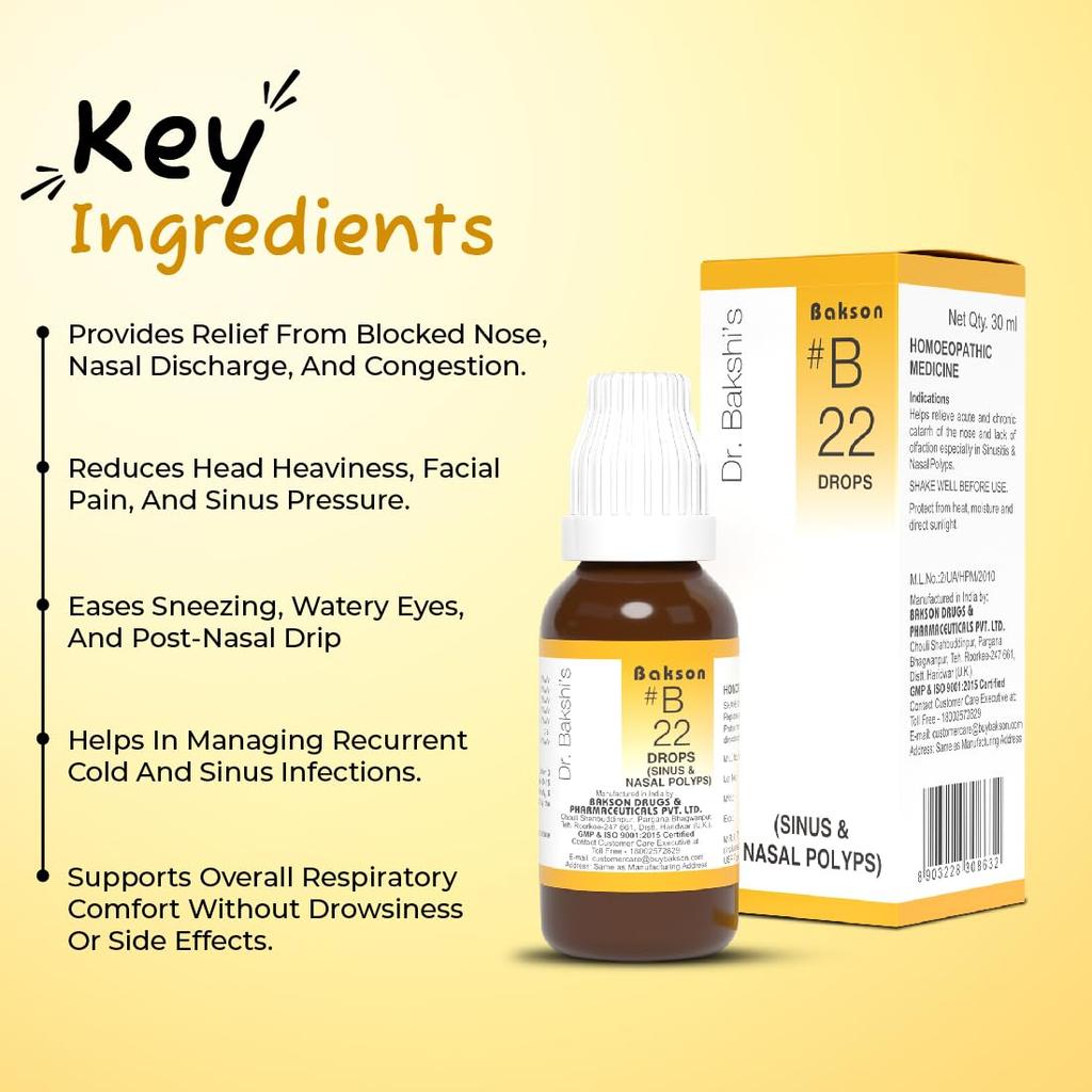 Dr. Bakshi's Bakson's B22 Sinus Drops 30 ml | Nasal Comfort & Relief From Stuffy Nose