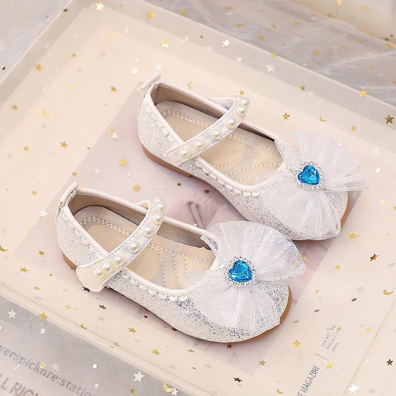 Aisha Rhinestone Princess Bow Shoes for Girls - Soft Sole Evening Gown Pearl Shoes 28