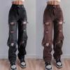 Kadınlar için Yırtık Yüksek Bel Kot Pantolonlar Vintage Giyim Y2k Modası Düz Denim Pantolonlar Sokak Giyim Yırtık Hip Hop Pantolon Kot