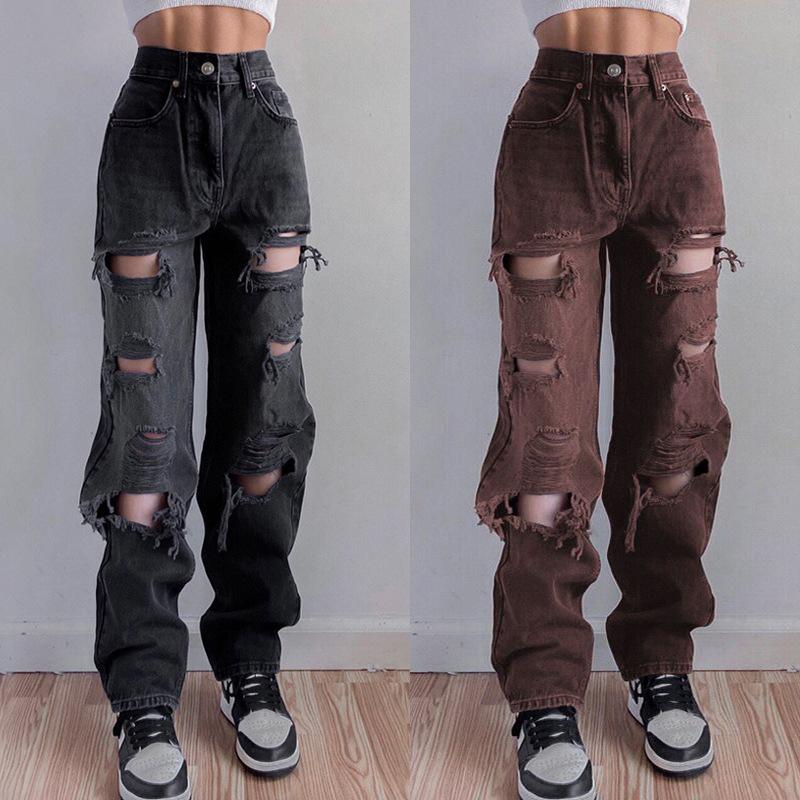 Kadınlar için Yırtık Yüksek Bel Kot Pantolonlar Vintage Giyim Y2k Modası Düz Denim Pantolonlar Sokak Giyim Yırtık Hip Hop Pantolon Kot