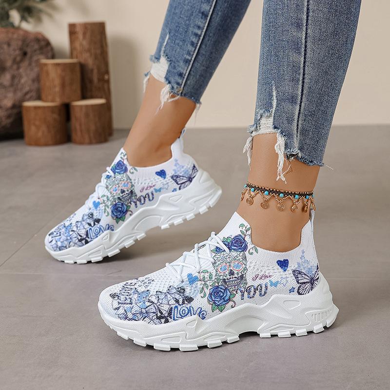 Large size foreign trade fashion printing ventilation hole sports and leisure single shoes new lace-up soft sole multi-color