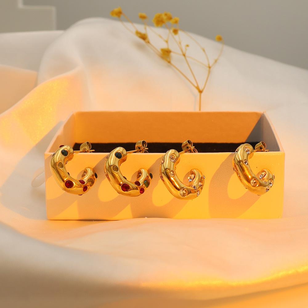 Jewelry Personality Geometric C-Shaped Diamond Earrings Women'S Niche 18K Gold Titanium Steel Zircon Earrings