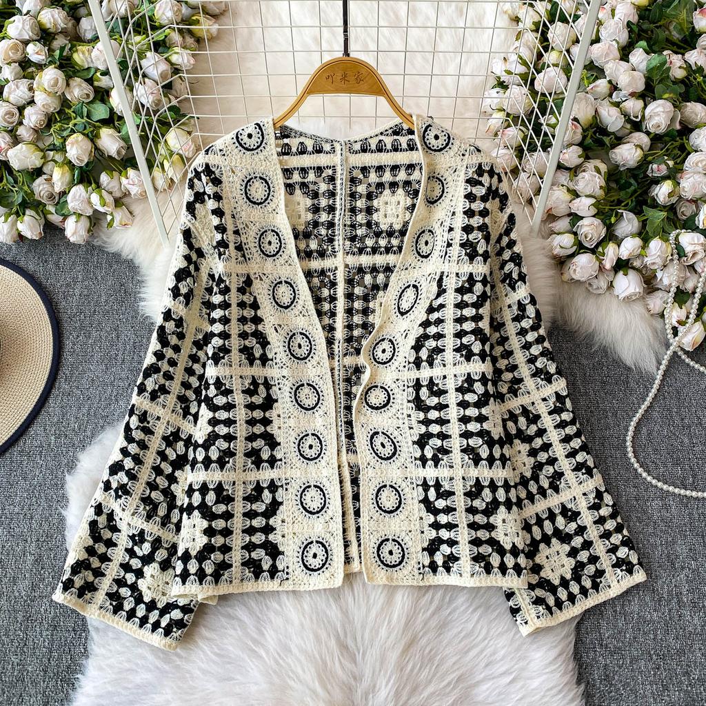 Bohemian Herbst/Winter V-Ausschnitt Langarm Häkel-Ausschnitt All-Match Lockerer Cardigan