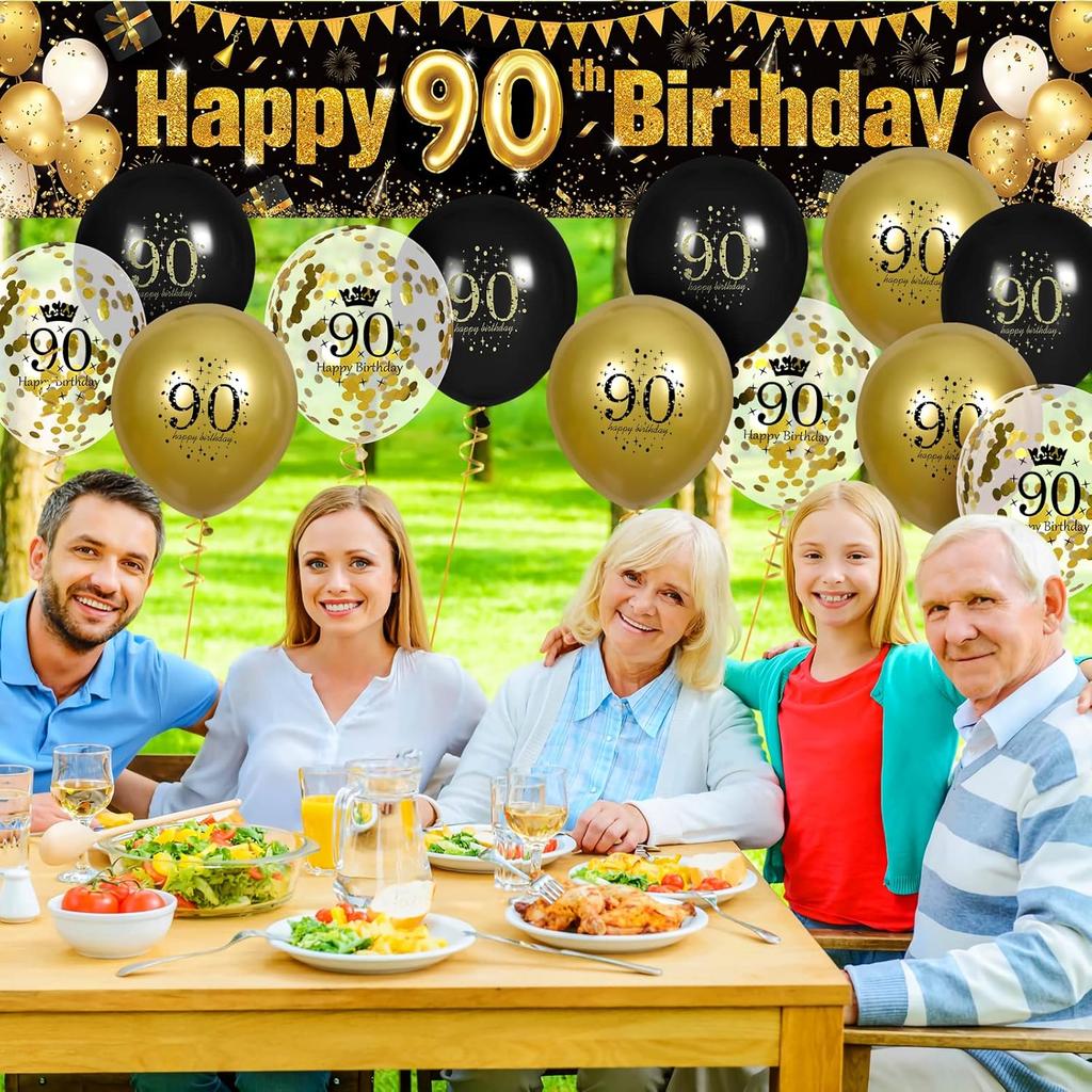 Black Gold 90th Birthday Decorations for Men Women Happy 90th Birthday Yard Banner Sign Decor and 18 PCS Latex Balloons for 90 Year Old Anniversary