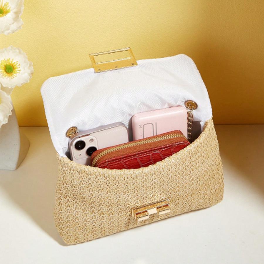 Gewebte Stroh-Handgewebte Damen-Schultertasche,Modische Uni-Farbe Crossbody-Tasche mit Schlossverschluss