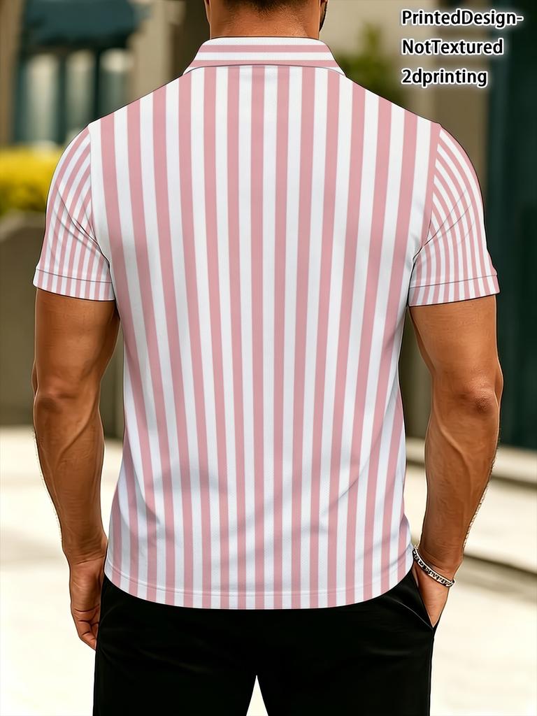 Men'S Outdoor Polo Shirt, Light Pink And White Vertical Stripes, Polyester Material, Multiple Sizes Available, Casual Hiking And Outdoor Wear,