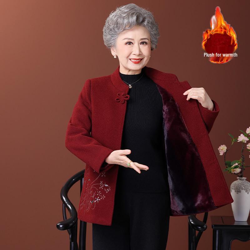 Wool Coat with Fleece Lining and Thickened Tang Suit for Elderly Women
