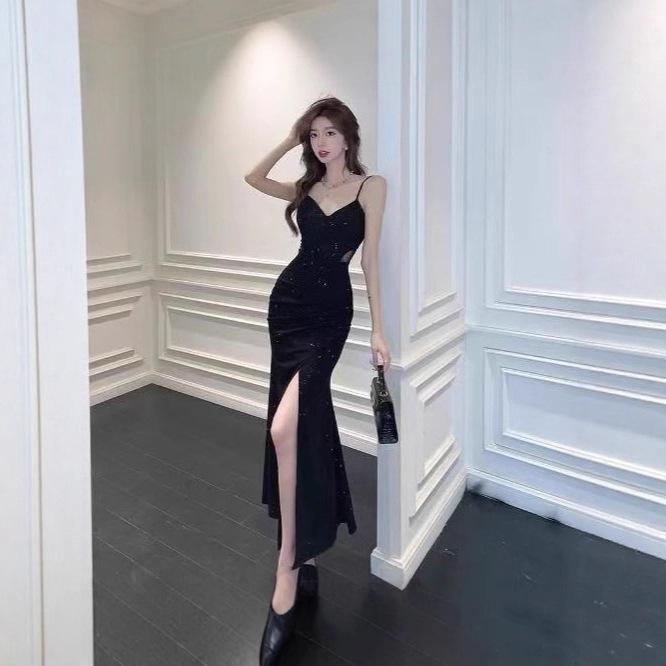 Pure Desire Royal Sister Wind V-neck Suspender Dress Women's Summer Split Fork Hip-wrapped Long Dress High Sequined Evening Dress Dress