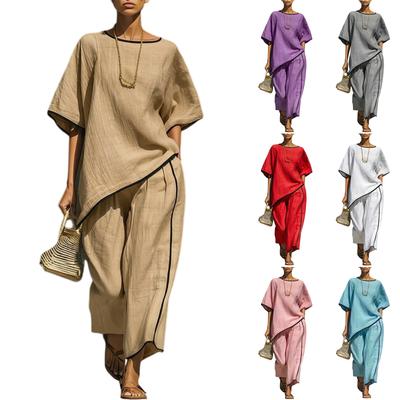 Women's Fashionable Casual Cotton-Linen Top And Wide-Leg Pants Two-Piece Set