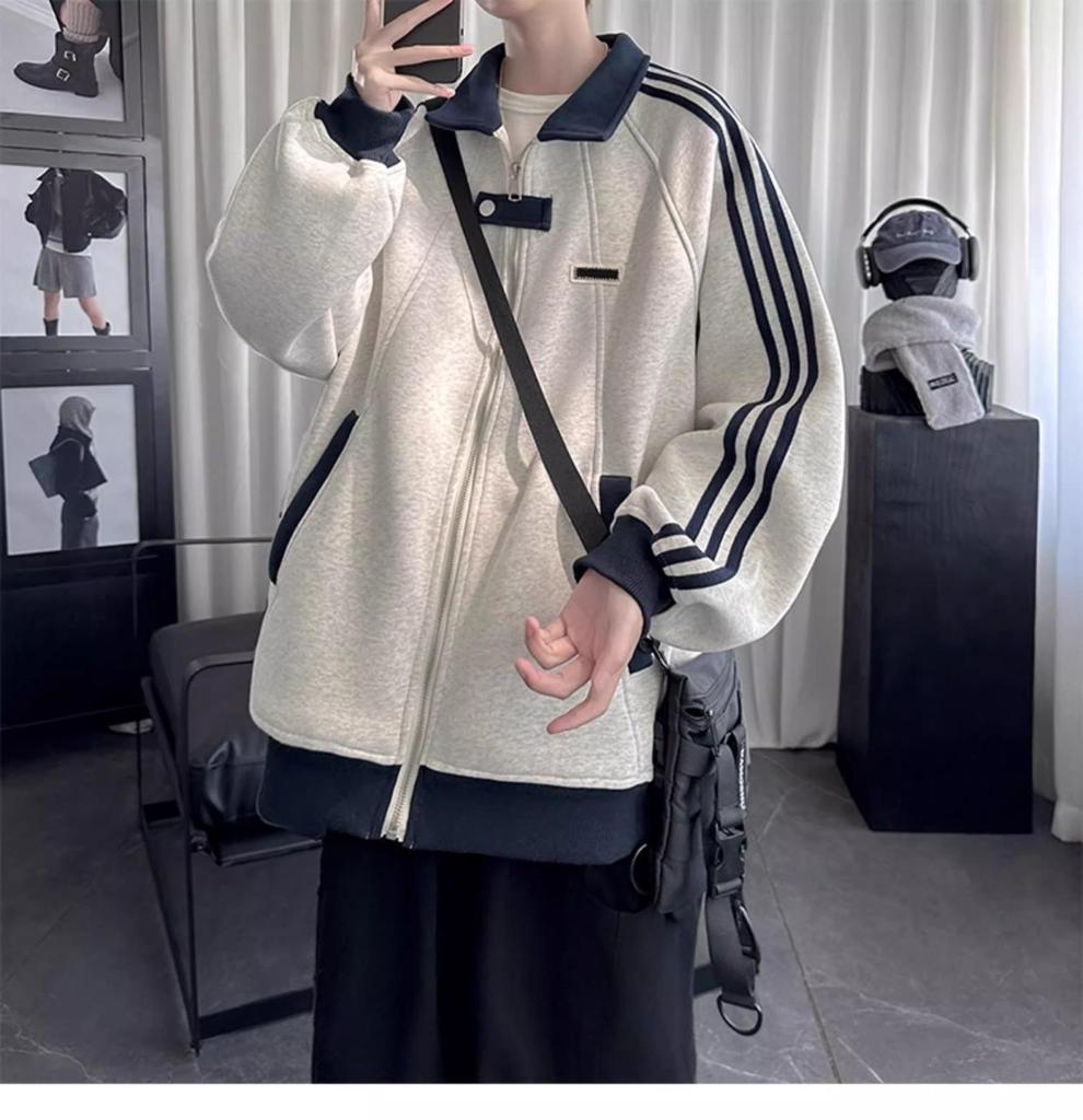 American College Style Plus Size Striped Hoodie - Unisex Casual Loose Cardigan