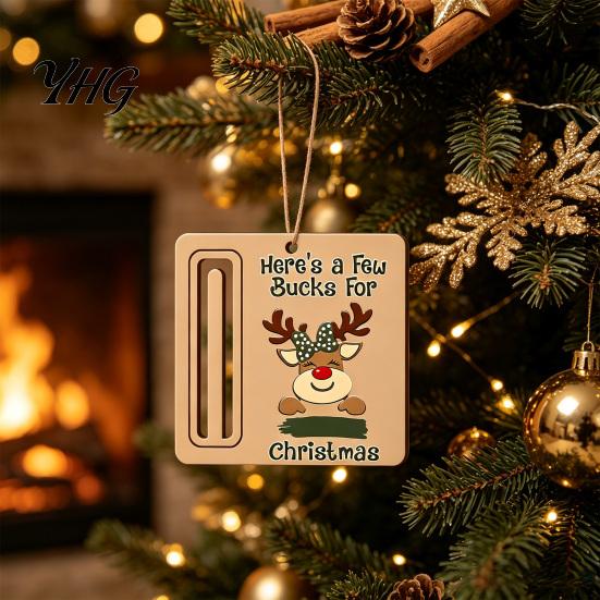 Elk Pattern Xmas Tree Pendants Rustic Santa Reindeer Money Holder Ornament, Wooden Cash Gift Card Creative Ornaments Clip with Slot, Christmas Hanging