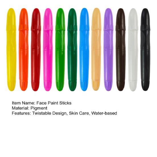 12Pcs Face Body Paint Sticks Kit 12 Color Water-Based Easy Clean Makeup Face Body Painting for Kids Art Theater