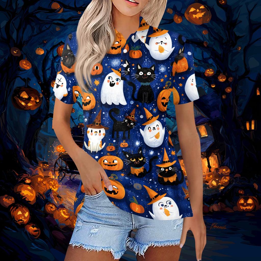 Women's Short Sleeve Button Down Collared Top with Halloween Print - Casual Fashion Blouse with Side Slits