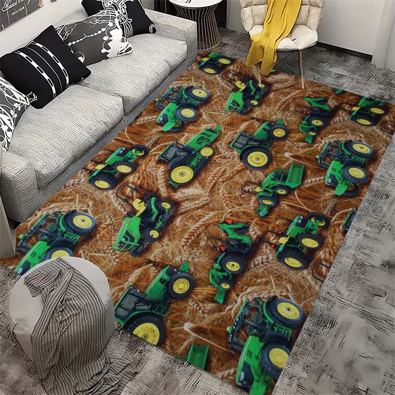 Farm Tractor Themed Play Rug, Soft Non-Slip Carpet with Green Harvesters & Crops Pattern, for Kids Bedroom & Playroom