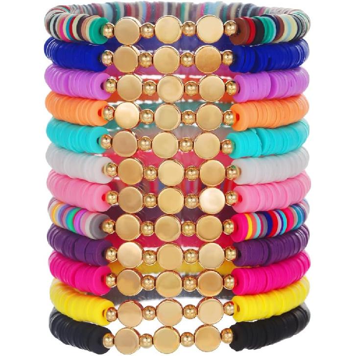12pcs Friendship Bracelets Beaded Bracelets Heishi Bracelet Cute Bracelets Stack Vinyl Clay Disc Bead Surfer Stretch Summer Beach Bracelets For Women