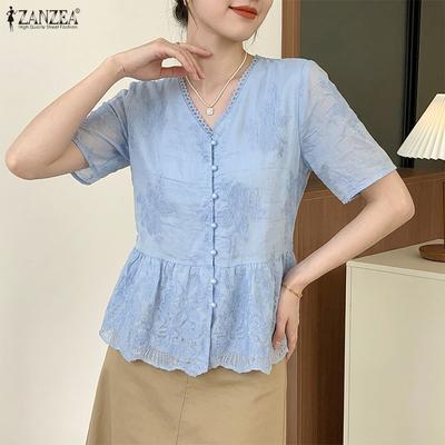 Women Elegant Embroidery Lace Patchwork Casual V-Neck Short Sleeve Blouse