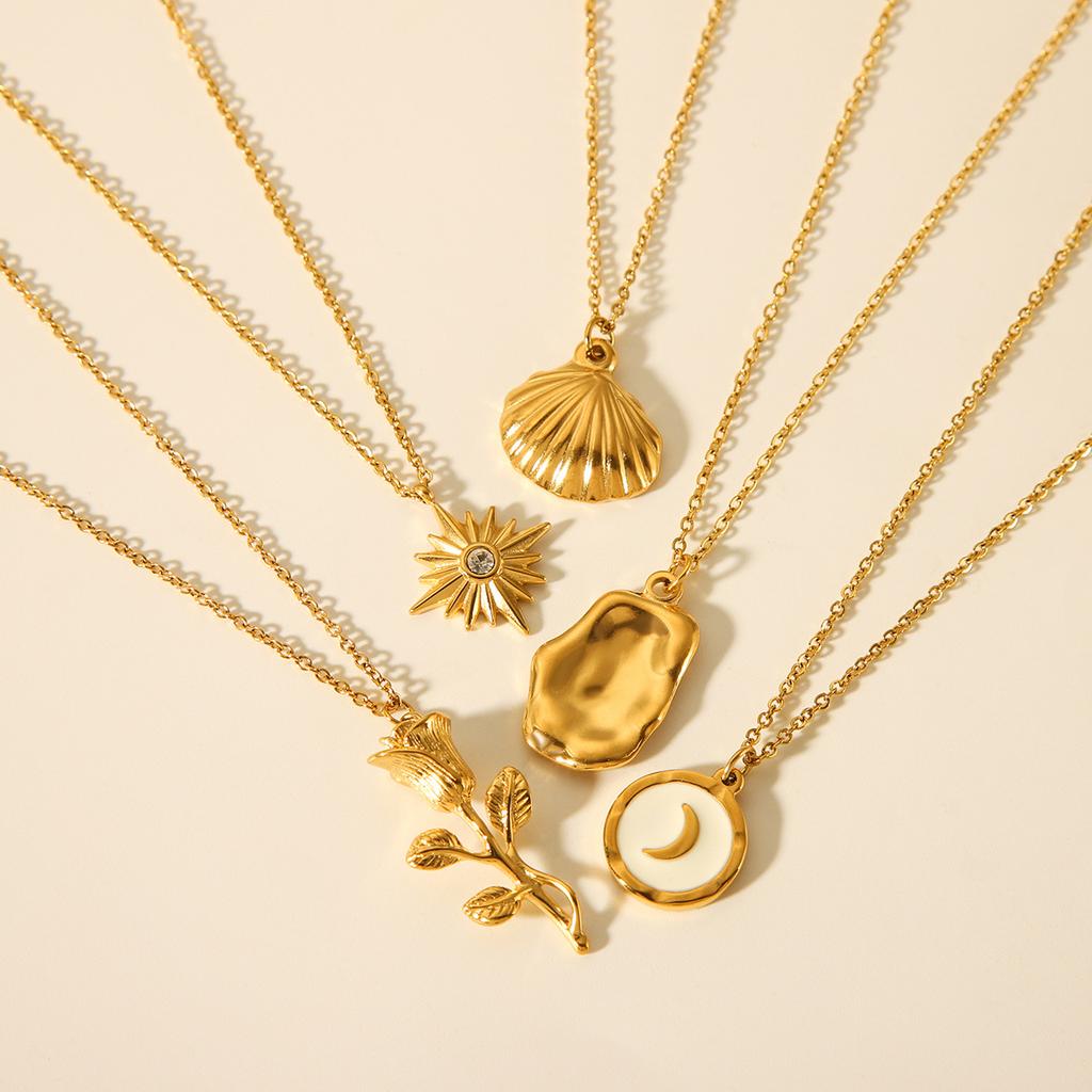 Fashion Versatile Women Necklace Rose Flower Eight Pointed Star Moon Scallop Titanium Steel Pendant Jewelry
