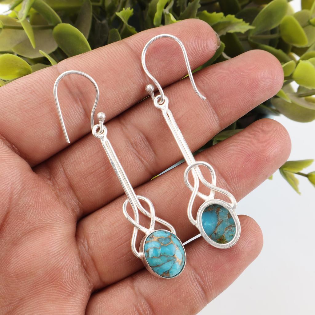 Blue Copper Turquoise Handmade Gemstone Earrings, 925 Solid Sterling Silver Earrings Dainty Silver Jewelry, For Engagement Gift