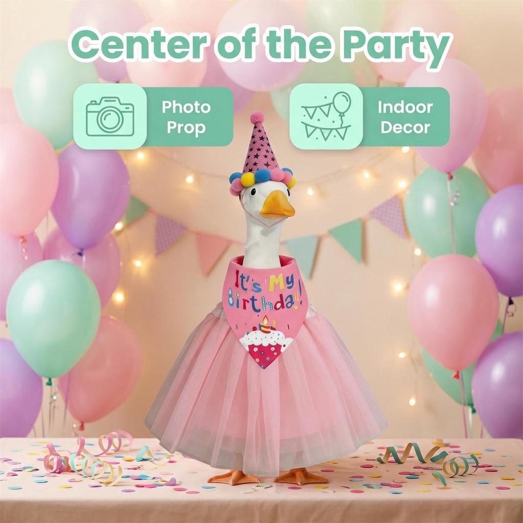 Geburtstagsparty Outfit Set Enthält Tüllrock Elastischer Bund Partyhut mit Bommeln und Bedrucktes Bandana Lätzchen für 23 Zoll Gänse-Dekoration