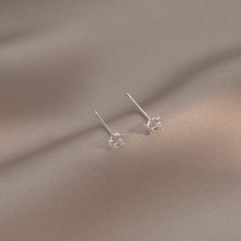 Real 925 Sterling Silver Round Zircon Stud Earrings For Women Classic Fine Jewelry Minimalist Ear Piercing Accessories