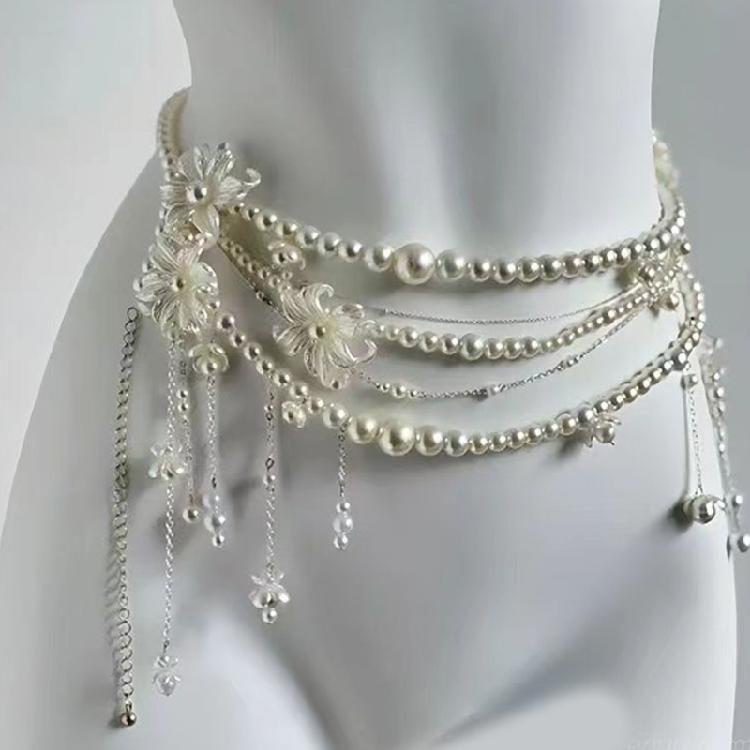 Multi Layered Waist Chain Beaded Belly Chain Bikini Decor with Floral Pearls Tassels Accents for Various Occasion
