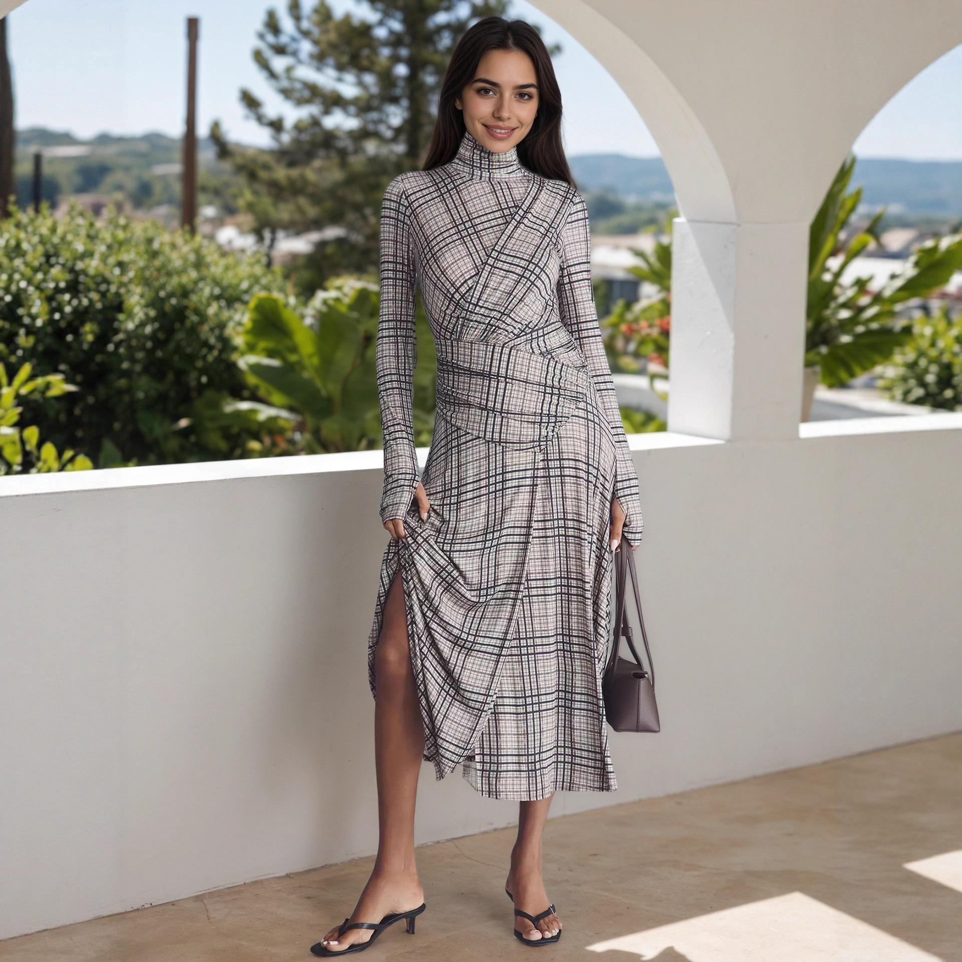 European and American autumn and winter temperament women s clothing stand-up collar long-sleeved plaid fabric pleated and thin casual dress european and american code s