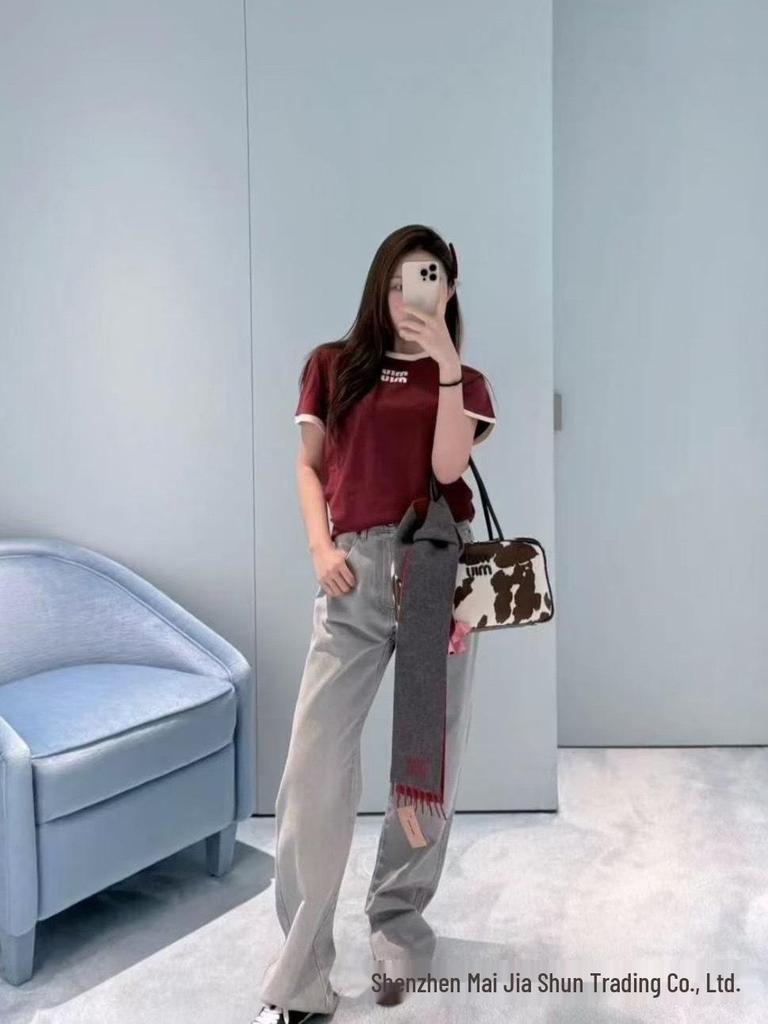 Miu Style Women's Pure Cotton Embroidered T-shirt - Early Spring Collection, Round Neck, Short Sleeve, Slim Fit