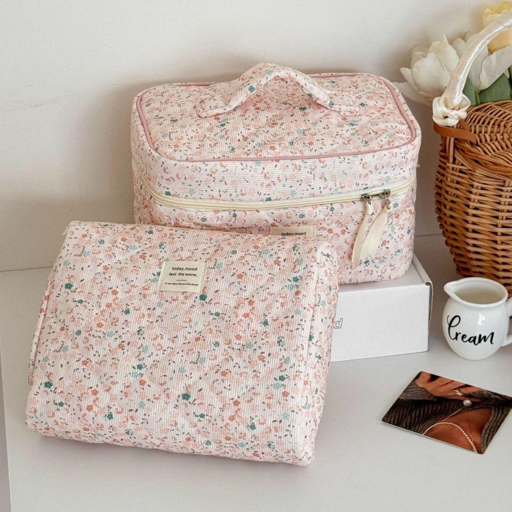 Ins Style Korduroy Ästhetischer Kosmetik-Organizer Große Kapazität Reißverschluss Floral Make-up Tasche Hautpflege Clutch Kosmetik