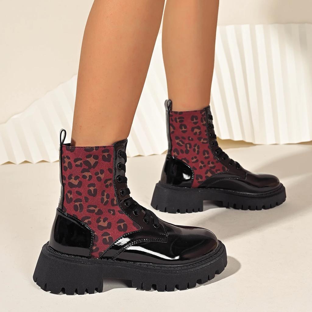 Fashion Women Boots High Quality Cross-tied British Style Boots Women Fashion Leopard Print Casual Shoes Women Round Toe Mid-Calf Boots