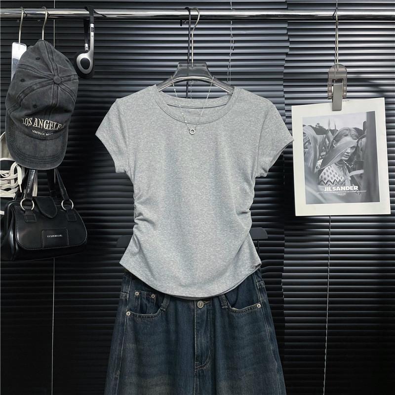 Summer Woman V Neck T Shirt With Wrinkled Design And Slim Fit For Casual Wear
