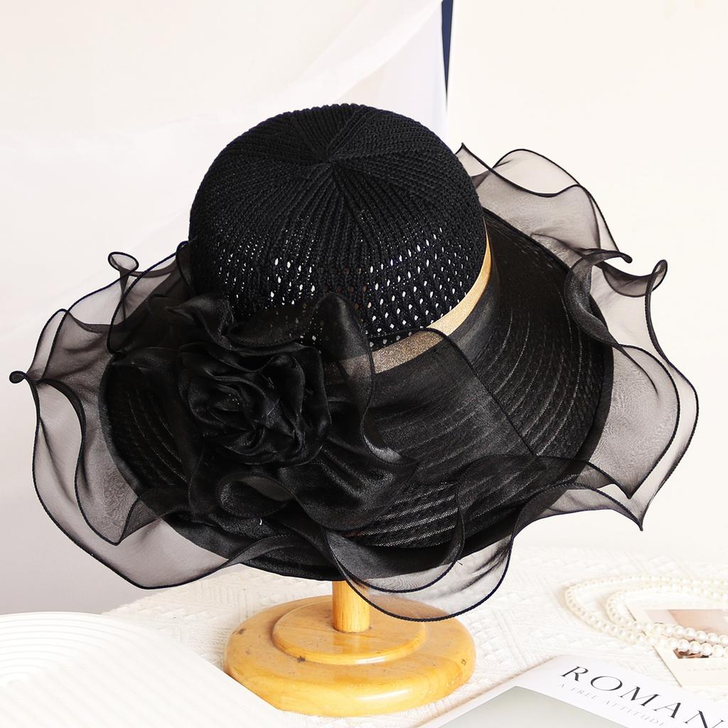 Elegant Summer Women's Sun Hat Breathable Organdy Material Foldable Design Woven Top Flower Decoration