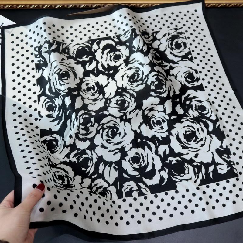 Black and white polka dot camellia silk silk scarf temperament printing 70 silk medium square scarf mulberry silk scarf women 68*68cm
