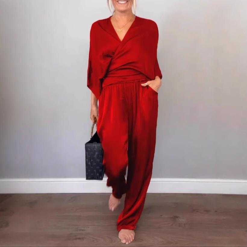 Spring Thin Satin Loose Suit Fashion Elastic Waist Straight Office Outfit Casual Women's V-neck Long Sleeved Top And Pants Sets