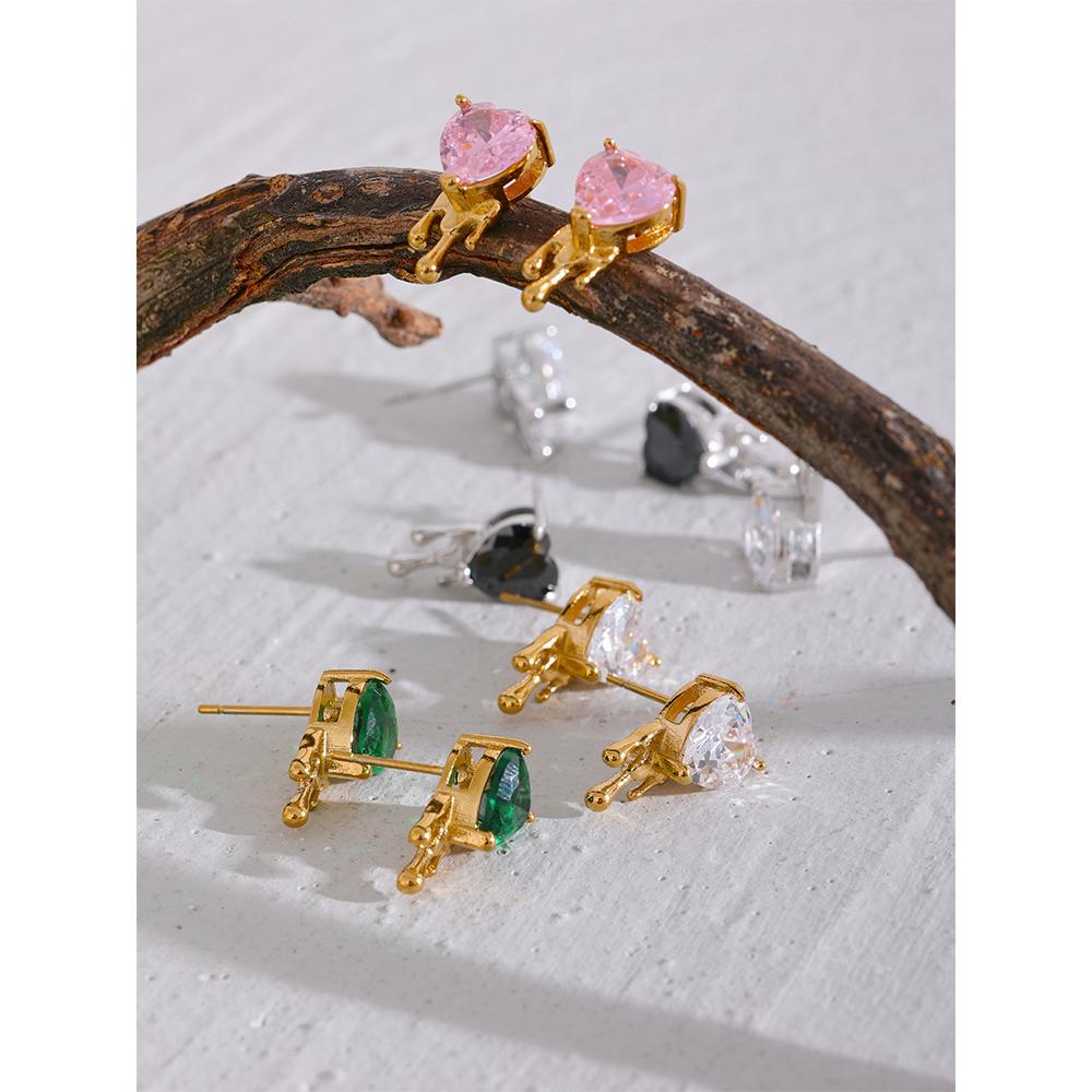 Yhpup Delicate Bling Cubic Zirconia Stainless Steel Heart Creative Stud Earrings Fashion Cast Jewelry for Women Basic Gift New