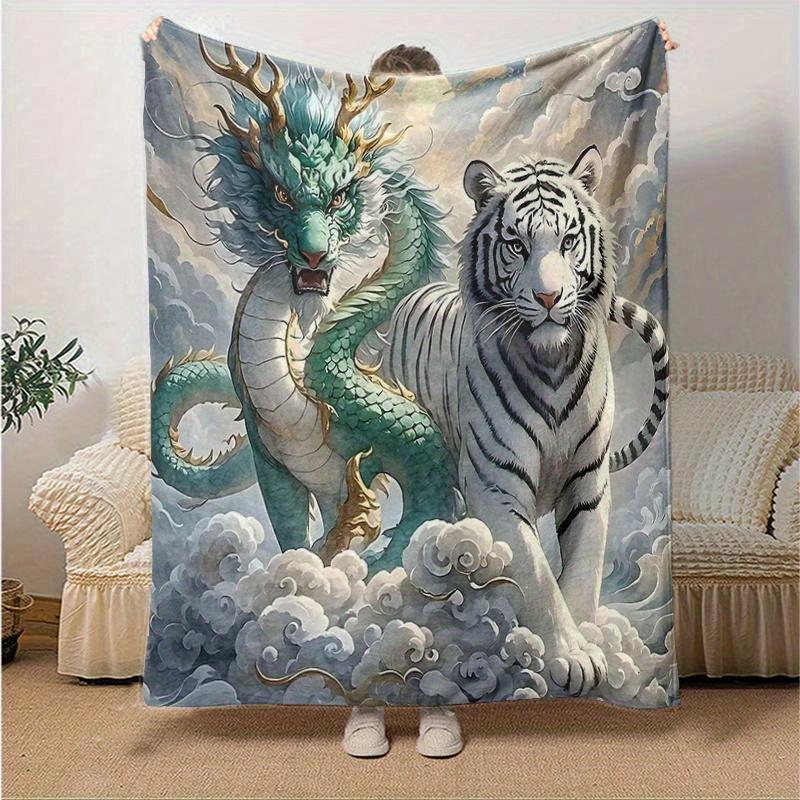 1pc Turquoise Dragon and Snow Tipped Tiger Soaring Through Clouds Blanket Bedding Throw for Room Decor, Living Room, Travel, Camping, Car Blankets