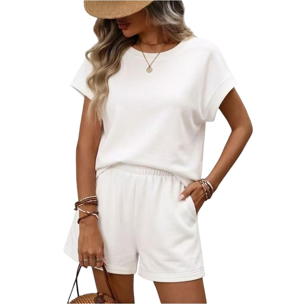 Conjunto de Dos Piezas para Mujer: Top de Manga Corta Holgado y Shorts, Atuendo Casual de Verano, Tejido Suave, Estilo Relajado, Ropa de Casa para el Uso Diario