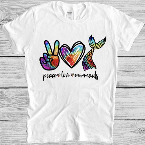 

Peace Love Mermaid Lesbian Gay LGBTQ Pride Top Cool Meme Gift Tee T Shirt M1155 3XL