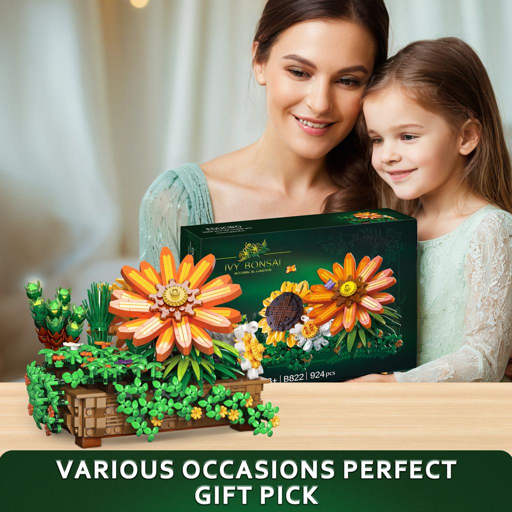 Flower Botanical Bonsai Building Set 924pcs Gift for Home Decor, Adults and Kids Sunflower Chrysanthemum