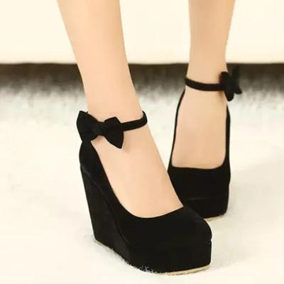 Fashion Dwayne Women High Heels Shoes Plus Size Platform Wedges Female Pumps Elegant Flock Buckle Bowtie Ankle Strap Party Wedding Shoes