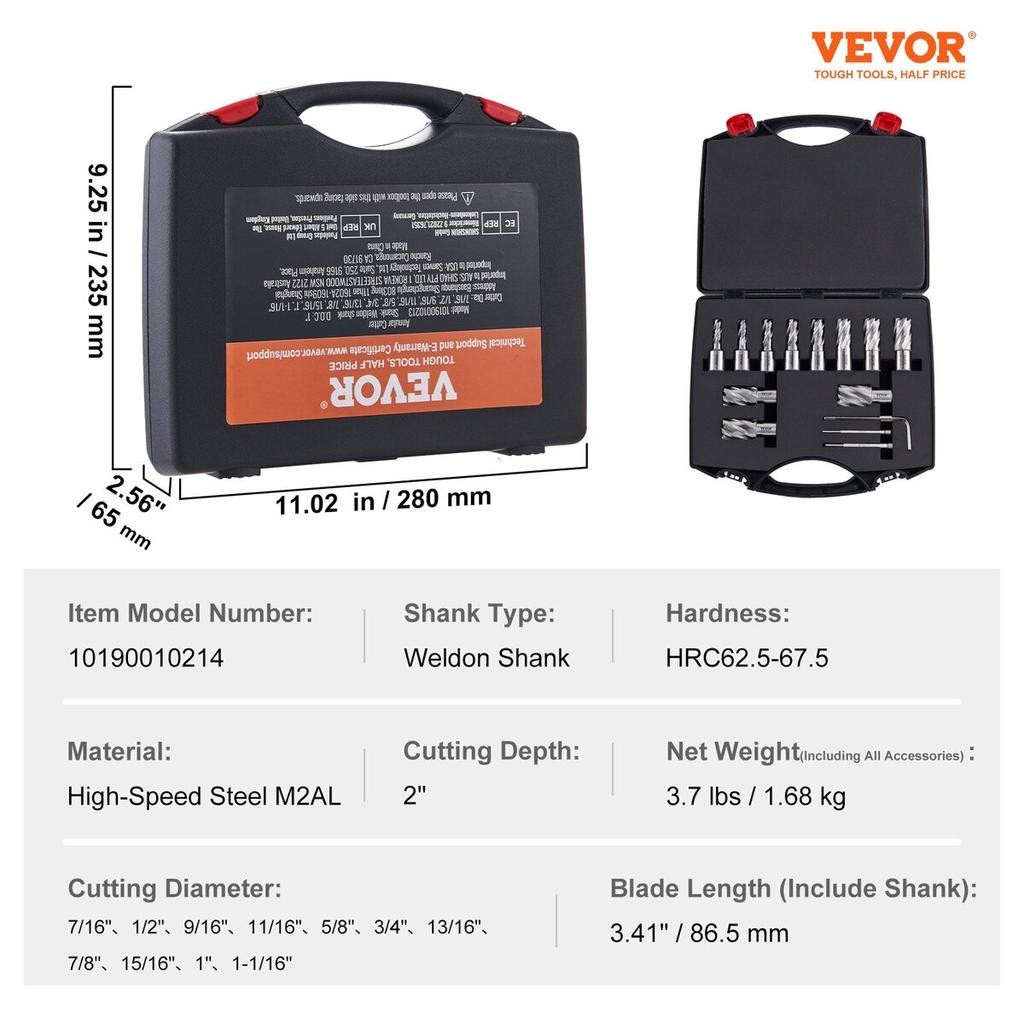 Annular Cutter Set, 13 pcs Weldon Shank Mag Drill Bits, 2" Cutting Depth, 7/16" to 1-1/16" Cutting Diameter, M2AL HSS, with 2 Pilot Pins, Hex Wrench