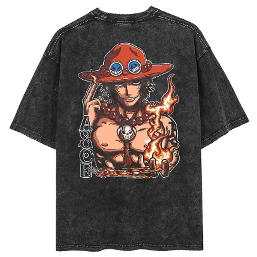 Ležérní prané Harajuku pánské tričko bavlna praná japonské anime One Piece grafické volné streetwear černé topy trička