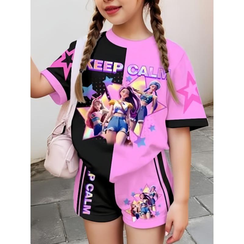 

Fun Kpop Demon Hunters Kids Short-sleeved Shorts Set for Boys Girls Crew Neck Short Sleeve Tees Fashion Kids Outfit 100